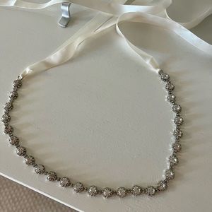 NEW BADGLEY MISCHKA SILVER TONE RHINESTONE BRIDAL CREAM SATIN SASH BELT